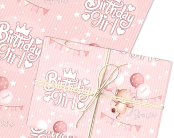 パーソナライズされたラッピングペーパー 子供の誕生日 ベビーピンクのテディベア 女の子用カスタムギフトラップ | シートまたはロール | カスタマイズされたパーソナライズされたラッピングペーパー