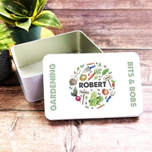 Watercolour Vegetables Herbs Seeds Gardener Tools Rectangle Personalised Tin