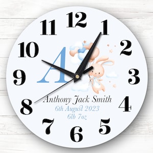Blue Floating Baby Boys Nursery Bunny Custom Gift Personalised Clock