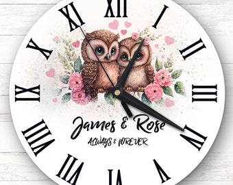 Floral Owl Couple Romantic Anniversary Valentine's Day Gift Personalised Clock