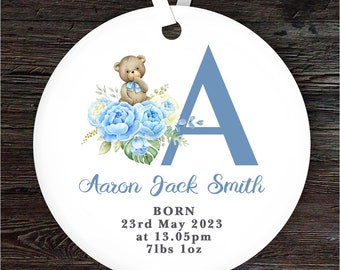 New Baby Boy Teddy Bear Letter A Personalised Gift Keepsake Hanging Ornament