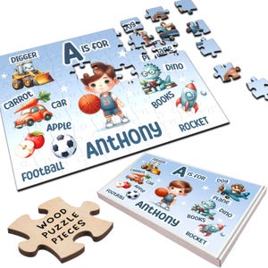 Cute Kids Initial Letter A Gift For Boys Personalised Wooden Jigsaw Puzzle | Personalized Gift, Custom Puzzle, Quality Wood, Fun Gift