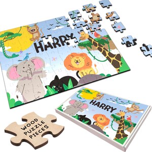 Safari Animals Cartoon Gift For Kids Children Personalised Wooden Jigsaw Puzzle | Personalized Gift, Custom Puzzle, Quality Wood, Fun Gift