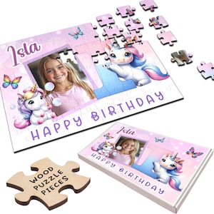 Kids Gift For Birthday Girl Unicorn Letter I Photo Personalised Wooden Jigsaw Puzzle | Personalized Gift, Custom Puzzle,  Wood, Fun Gift
