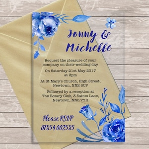 Blue Floral Acrylic Clear Transparent Luxury Wedding Invitations Invites