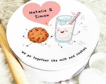 Lata de galletas personalizada, regalo romántico, redondo, feliz, galleta y leche