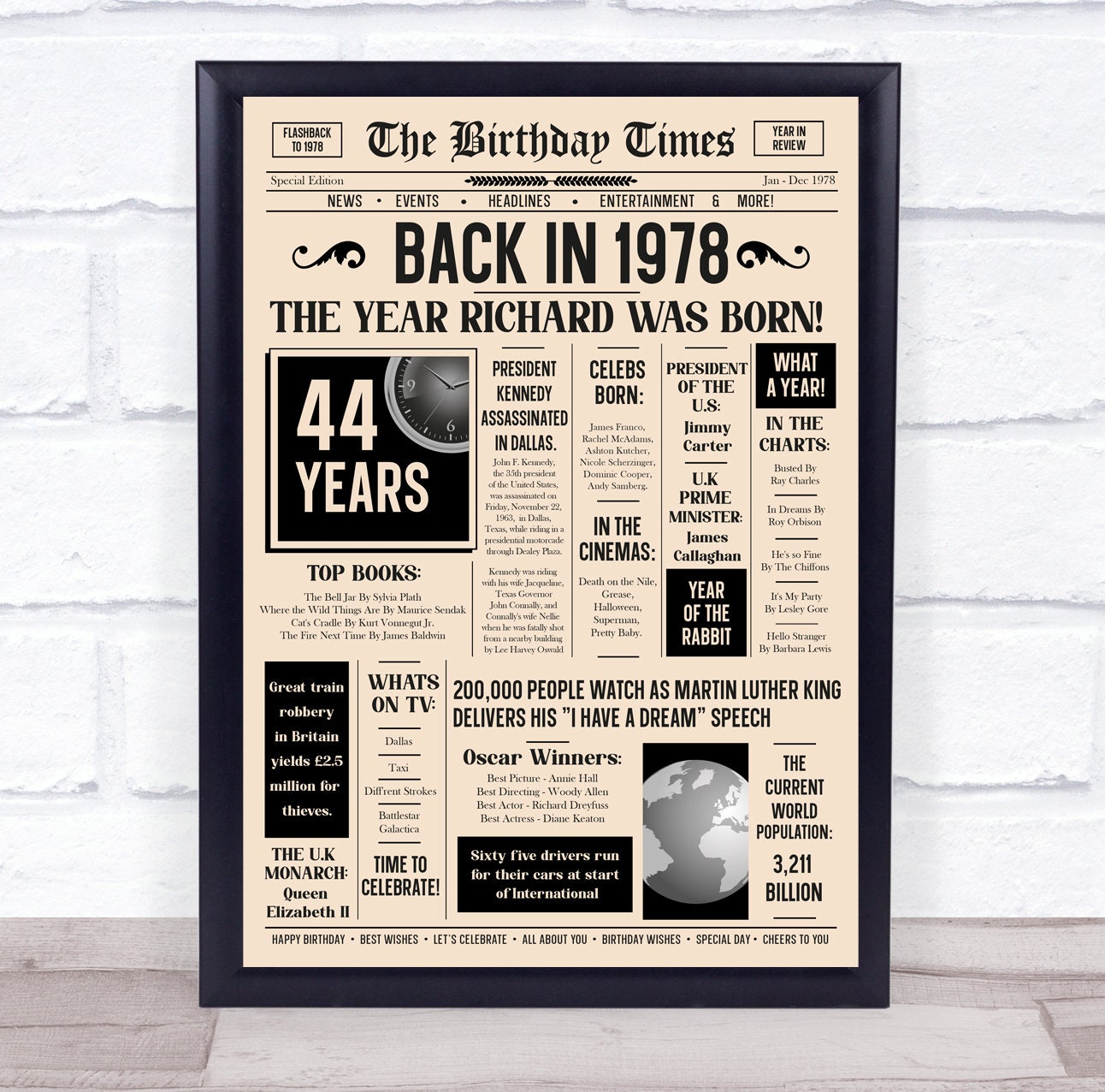 1978 Newspaper Any Age Any Year You Were Born Birthday Facts Personalised Gift Print