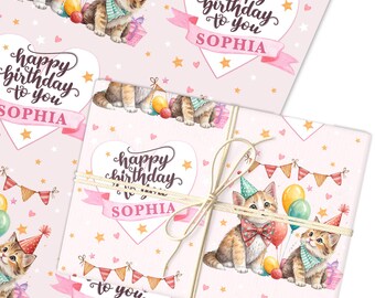 パーソナライズされたラッピングペーパー 子供の誕生日 ピンクパーティー 猫 女の子 カスタムギフトラップ | シートまたはロール | カスタマイズされたパーソナライズされたラッピングペーパー