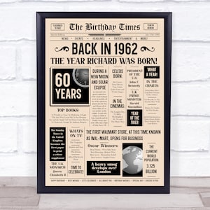 1962 Newspaper Any Age Any Year You Were Born Birthday Facts Personalised Gift Print