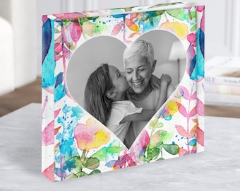 Bloque acrílico Regalo personalizado de la plaza del corazón de la foto floral vibrante - Regalo personalizado, regalo de recuerdo, regalo personalizado