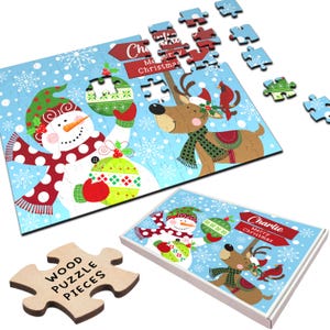 Snowman With Reindeer Christmas Children&#39;s Kids Gift Custom Wood Jigsaw Puzzle | Personalized Gift, Custom Puzzle, Quality Wood, Fun Gift