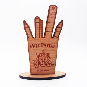 Wood Thank You World&#39;s Best Teacher Pencil Cup Keepsake Personalised Gift
