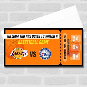 Vale regalo sorpresa personalizado para el equipo de baloncesto que va a ver el partido: cupón, revelación sorpresa, vale, billete, tarjeta