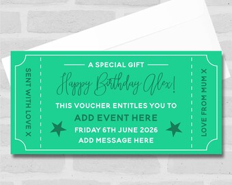 Happy Birthday Any Event Green Personalised Surprise Ticket Gift Voucher- Coupon, Surprise Reveal, Voucher, Ticket, Card