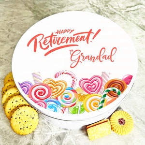 Round Colourful Candies Grandad Retirement Personalised Treat Tin