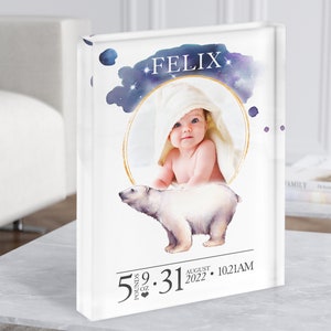 Birth Details Nursery Christening New Baby Polar Bear Photo Gift Acrylic Block - Personalised Gift, Keepsake Gift, Custom Gift