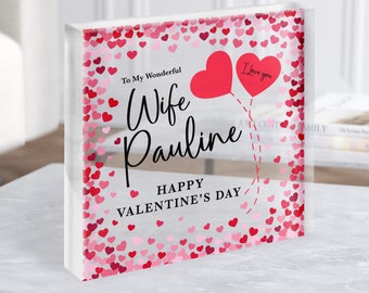 Bloque acrílico cuadrado transparente personalizado, regalo del día de San Valentín para esposa, corazones rojos, regalo personalizado, regalo de recuerdo, regalo personalizado