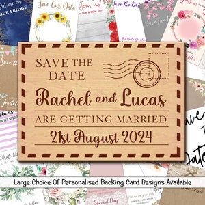 Carimbo de cartão postal personalizado de madeira para casamento, salve a data, ímãs e cartões de apoio