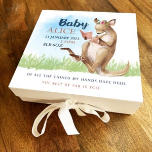 Neue Baby-Dusche-Känguru-personalisierte quadratische Andenken-Erinnerungs-Geschenk-Geschenkbox