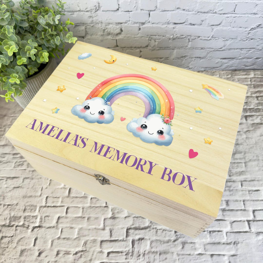 Rainbow Memory Box Baby Children's Personalised Storage Wooden Keepsake ...
