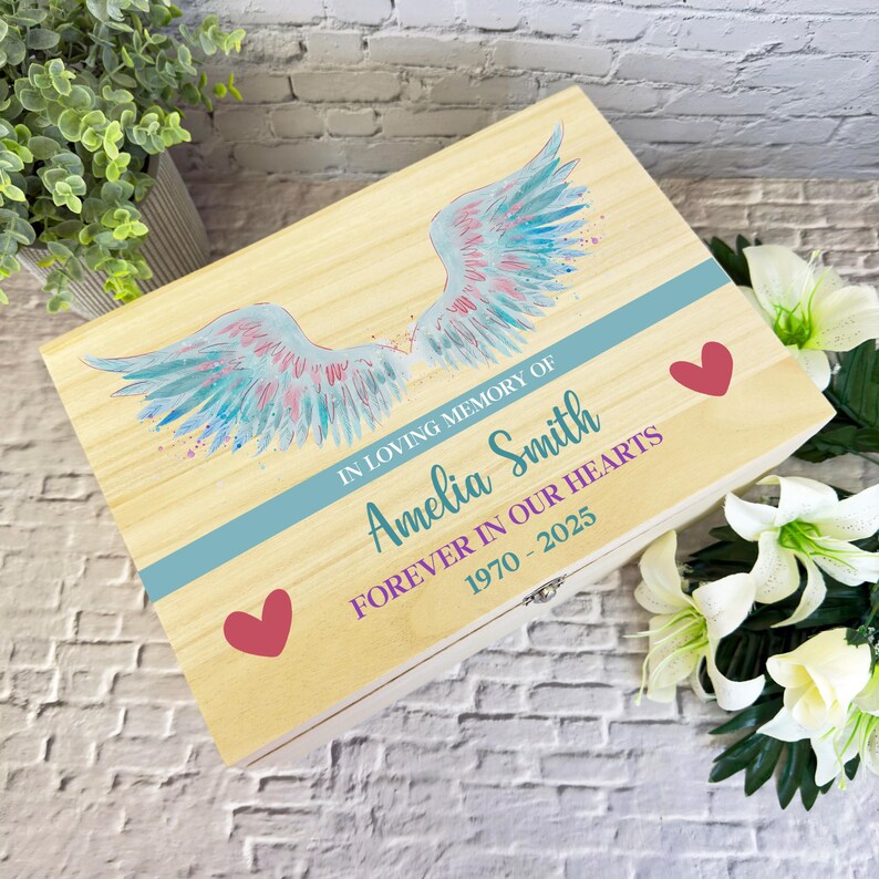 Angel Wings Blue in Loving Memory Memorial Personalised Wooden Keepsake ...