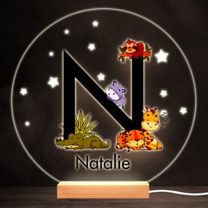Bebê dormindo animais safari letra N redonda lâmpada de presente personalizada luz noturna | Presente personalizado | Lâmpada de quarto | Luz personalizada