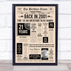 2001 Newspaper Any Age Any Year You Were Born Birthday Facts Personalised Gift Print