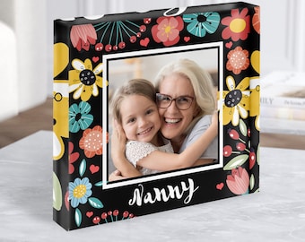 Bloque acrílico Regalo personalizado de niñera con foto floral cuadrada negra: regalo personalizado, regalo de recuerdo, regalo personalizado