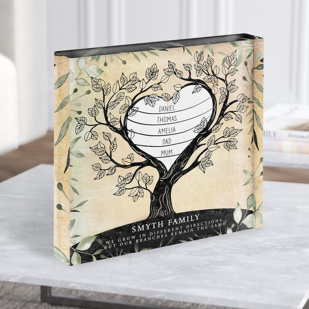 Family Tree Any Names Heart Vintage Foliage Square Gift Acrylic Block ...