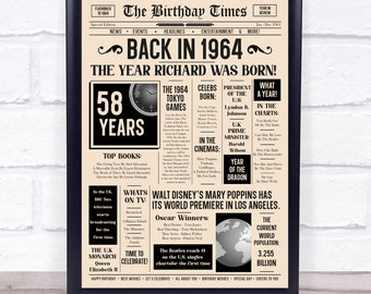 1964 Newspaper Any Age Any Year You Were Born Birthday Facts Personalised Gift Print