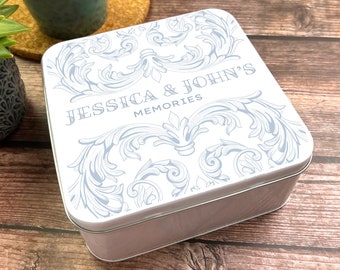 Square Blue Elegant Vintage Dusky Pastel Personalised Couple Memories Tin