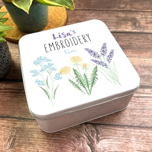 Square Sewing Kit Storage Pretty Flowers Personalised Embroidery Tin