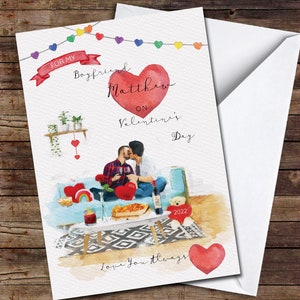 Petit ami gay canapé aquarelle confortable pour dîner à l'intérieur carte de la Saint-Valentin | Carte de Saint-Valentin | carte personnalisée | Carte Saint-Valentin