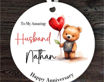 Teddy Bear Heart Anniversary Gift Husband Round Personalised Hanging Ornament