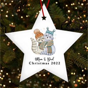 Mamá papá mapache pareja estrella decoración personalizada del adorno del árbol de Navidad