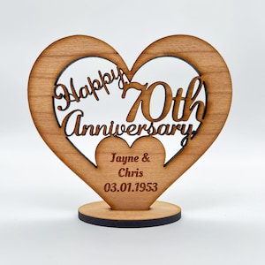 Feliz 70.º aniversario de boda, recuerdo grabado en forma de corazón, regalo personalizado