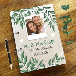 M. & Mme en bois, feuilles vertes, notes de message photo, livre d'or de mariage souvenir, livre d'or de mariage personnalisé, livre souvenir, livre d'or