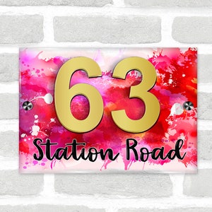 Hot Pink And Red Splatter 3D Modern Acrylic Door Number House Sign