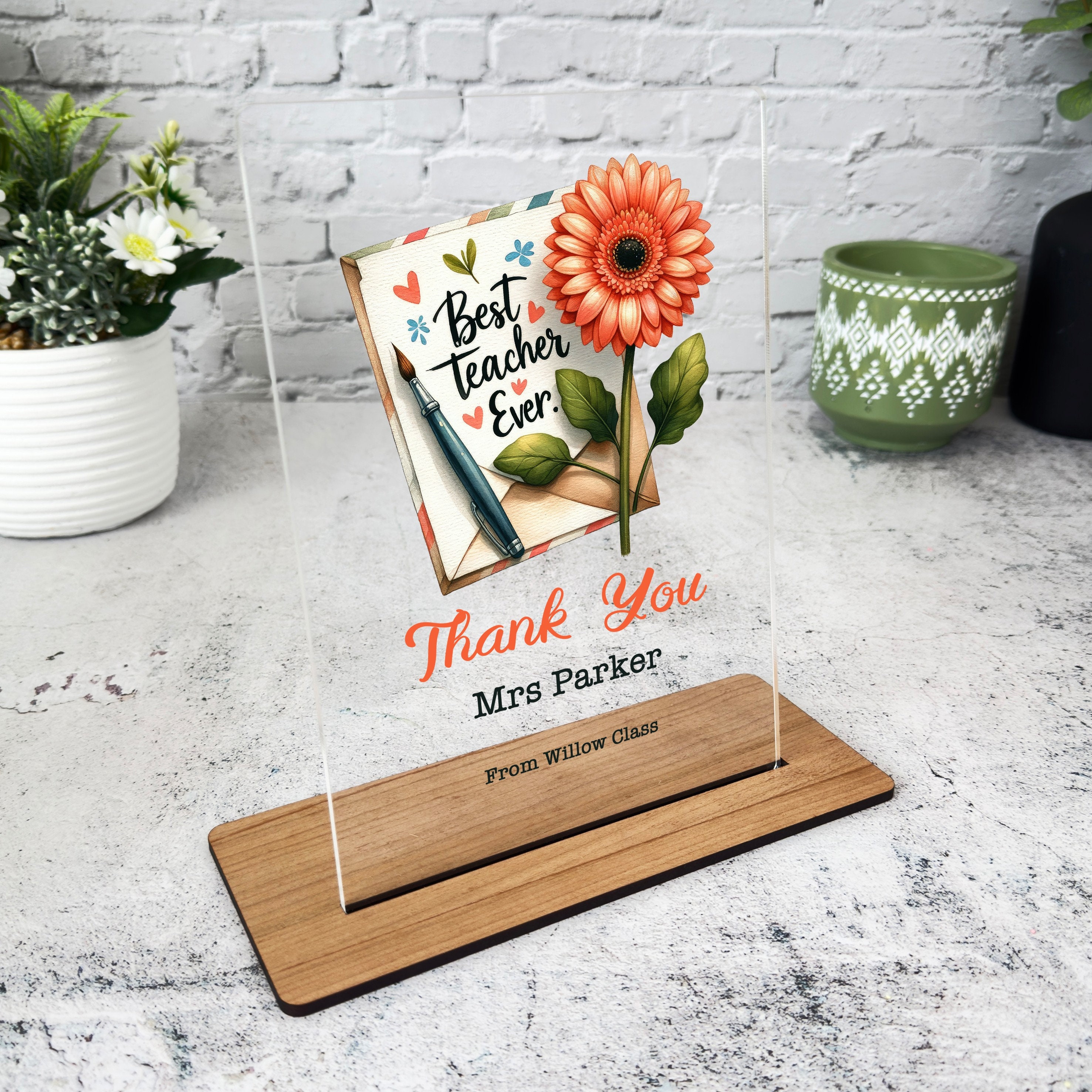Dankeschön-Lehrer-Geschenk, Blume, bester Lehrer-Umschlag, personalisierte Acryl-Plakette – personalisiertes Geschenk, individuelles Geschenk