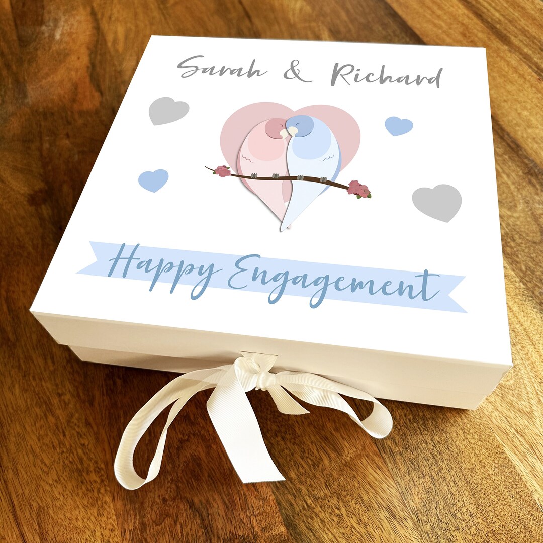Love Birds Couple Personalised Square Engagement Keepsake Memory Hamper ...