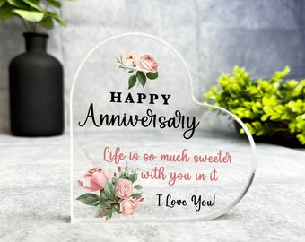 Geschenk zum Hochzeitstag Rosa Rosen Herz Plaque Andenken Geschenk - Geschenk, Individuelles Geschenk, Schmuckstück, Ornament, Acryl Plakette