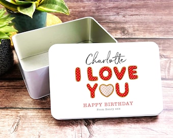 Te amo letras de galletas regalo de cumpleaños lata de almacenamiento de recuerdos personalizada