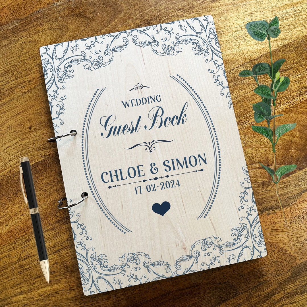 Wood Vintage Navy Floral Message Notes Keepsake Wedding Guest Book ...