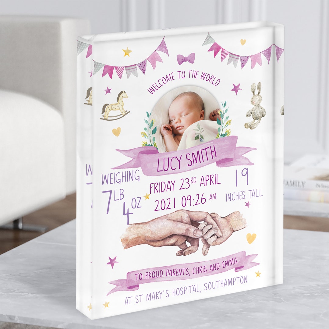 Pink Photo New Baby Birth Details Nursery Christening Gift Acrylic ...