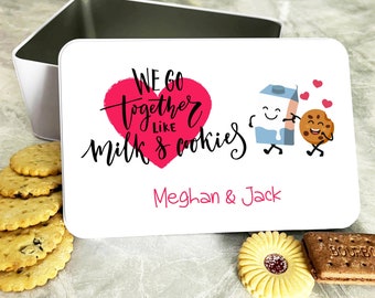 Lata de galletas personalizada con leche y galletas divertidas, regalo romántico