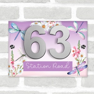 Purple Dragonfly Flowers Floral 3D Acrylic House Address Sign Door Number Plaque