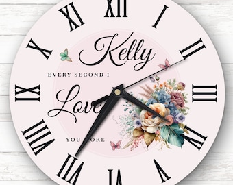 Watercolour Floral Butterflies I Love You Romantic Gift Personalised Clock