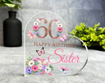 Sister 60th Pink Purple Floral Happy Birthday Present Heart Plaque Keepsake Gift - Gift, Custom Present, Trinket, Ornament, Acrylic Plaque