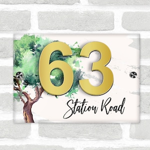 Targa con numero di porta, cartello in acrilico 3D con albero della foresta inglese in quercia