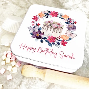 Square Birthday Pink Purple Butterfly Personalised Cake Tin